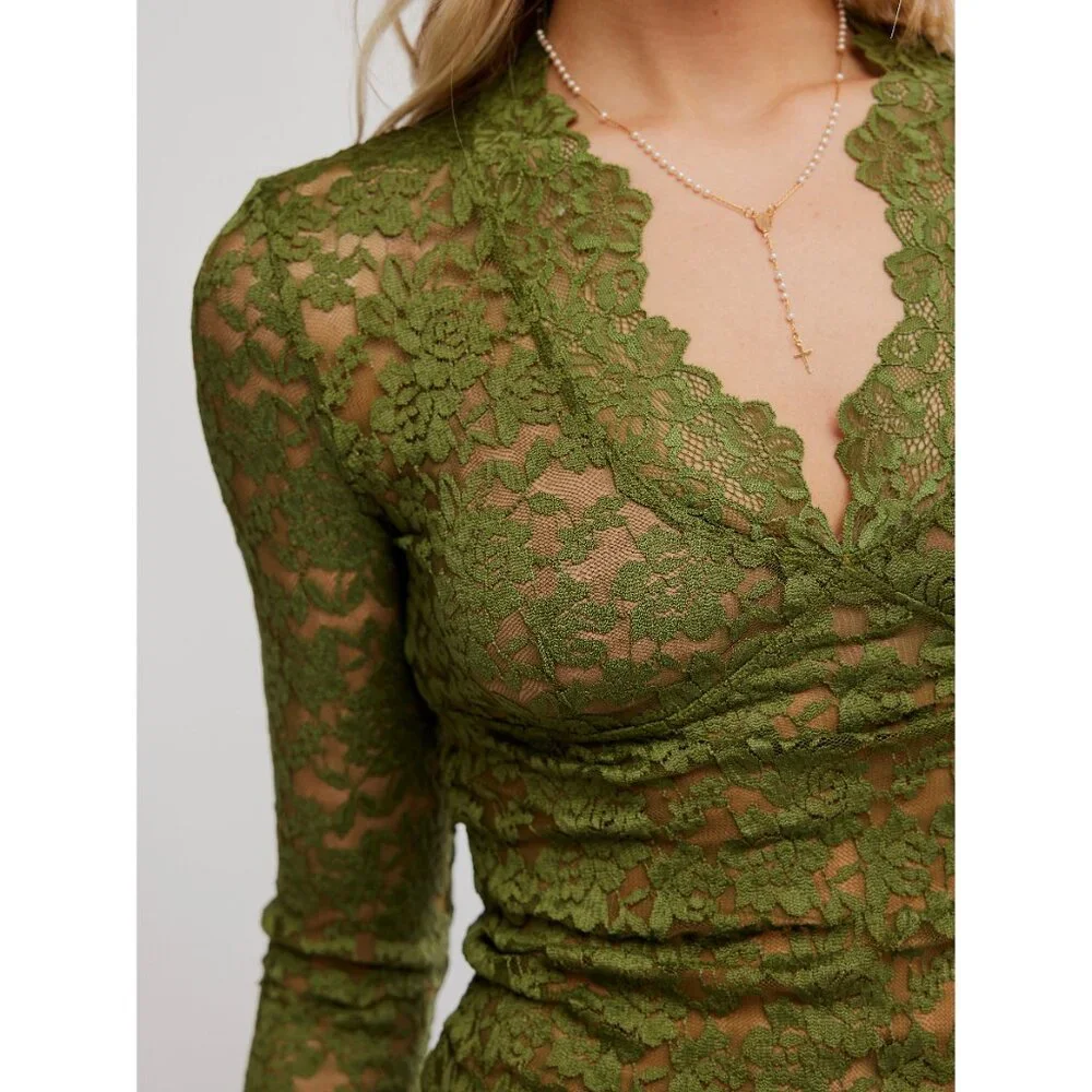 Free People Olive Green Lace Long Sleeve Camisole - Picture 4 of 6